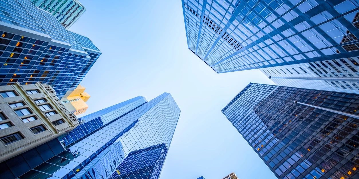 Modern corporate skyscrapers viewed from below